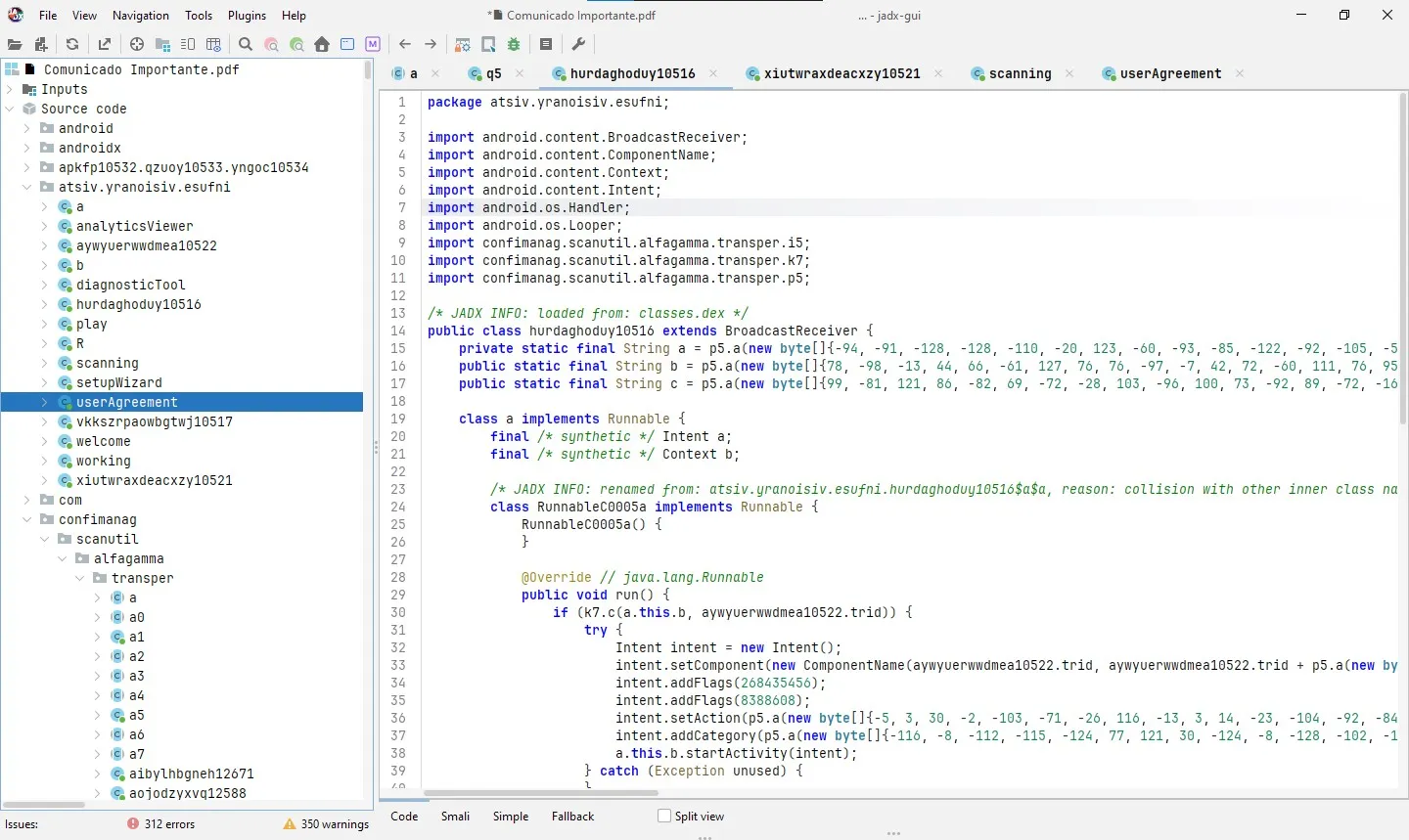 Jadx-GUI mostrando la estructura ofuscada de clases y llamadas a p5.a()